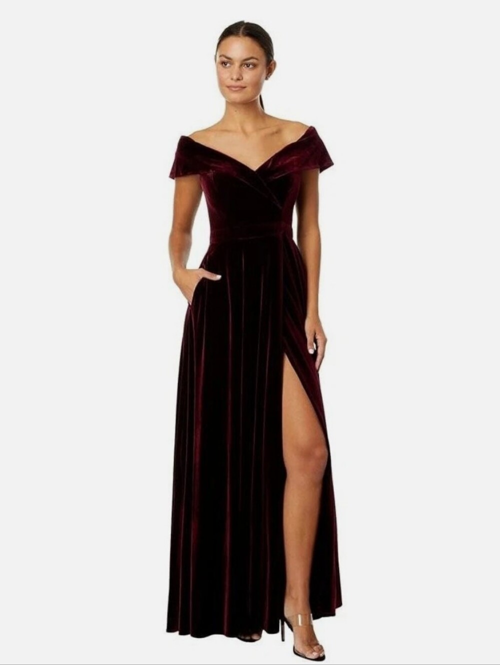 XSCAPE Women's Off-the-Shoulder Long Velvet Full Skirt Dress Burgundy SZ 20W.
